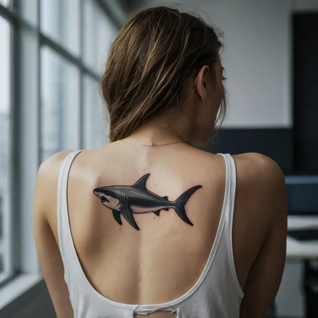 A realistic black and gray shark tattoo on the upper back, symbolizing strength and freedom, with a dynamic swim pose.