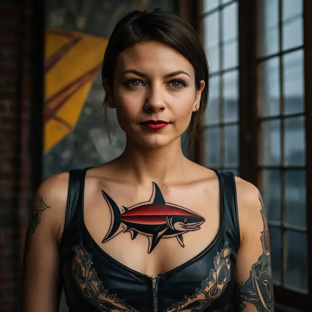 Tattoo of a stylized shark on the upper chest, featuring bold black and red hues with sharp, defined outlines.