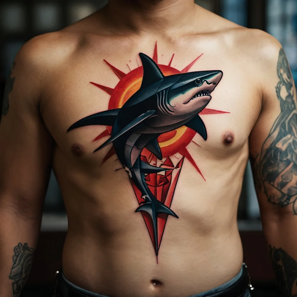 Bold shark tattoo with geometric red and orange sunburst accents on chest, symbolizing power and resilience.