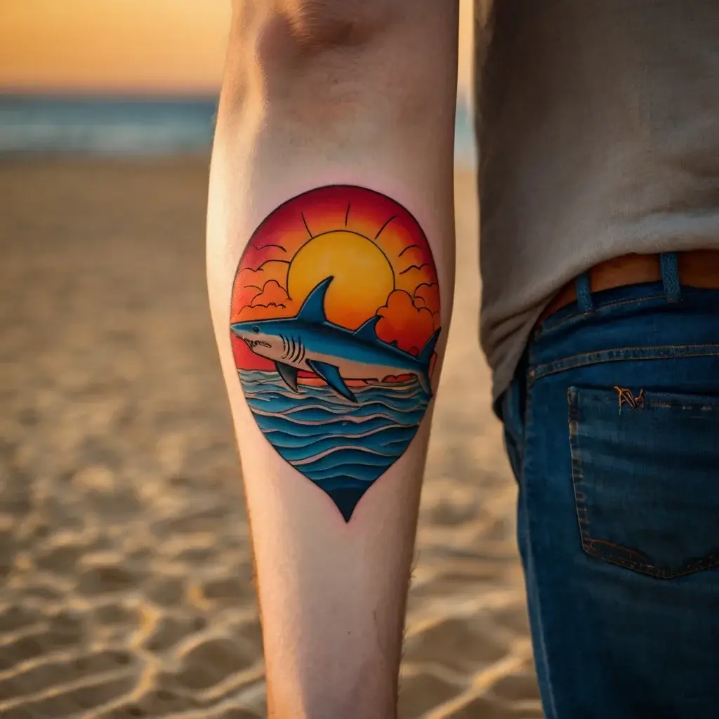 Tattoo of a shark swimming in stylized waves with a vibrant sunset backdrop. Bold colors and clean lines create a dynamic look.