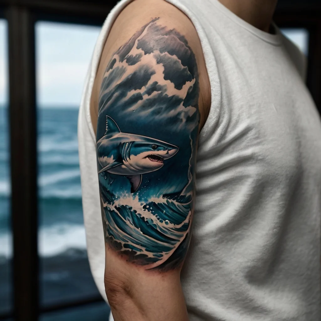 Tattoo of a shark swimming through dynamic ocean waves, under a cloudy sky on the upper arm.