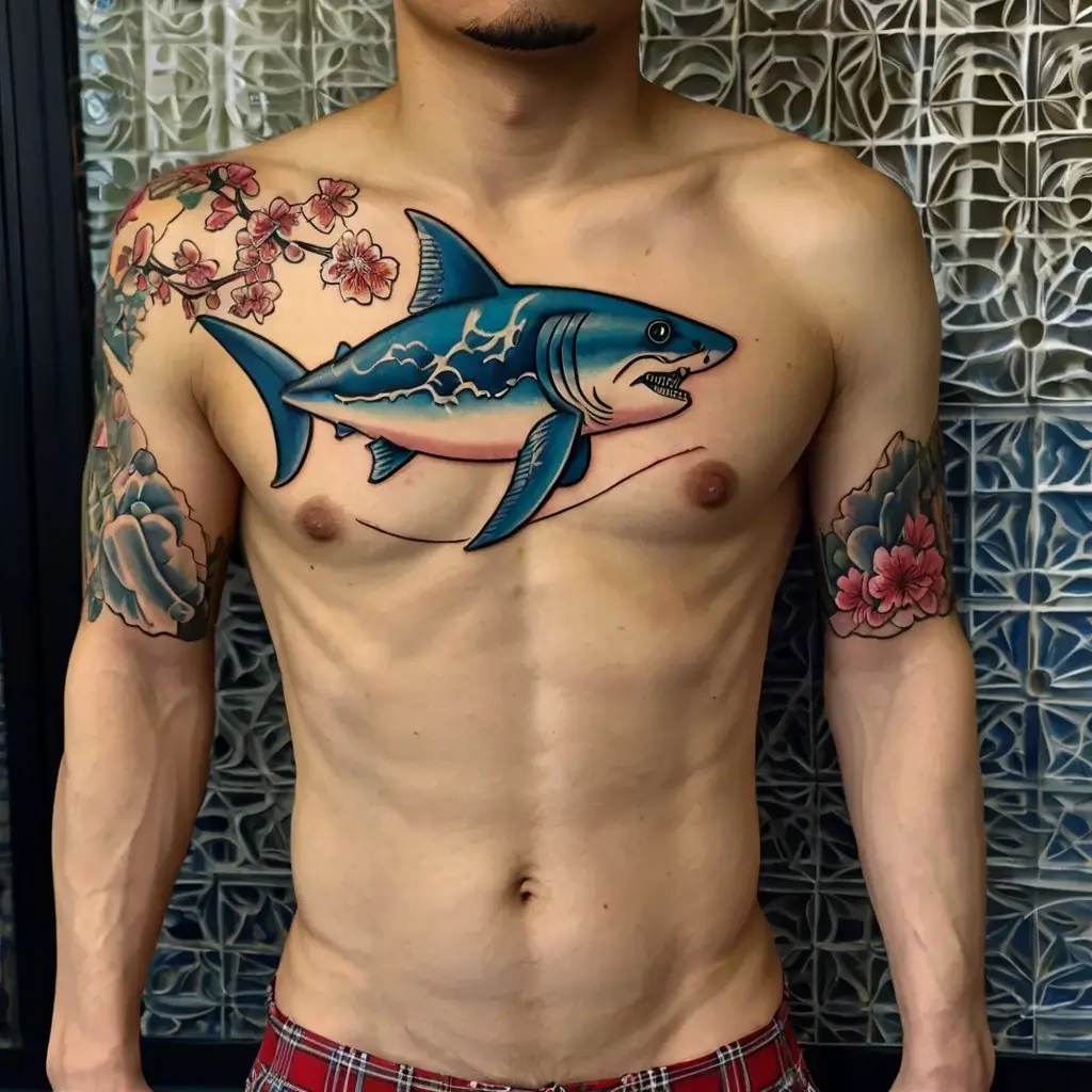 Colorful shark tattoo on chest with cherry blossoms and ocean waves, blending traditional Japanese and modern styles.