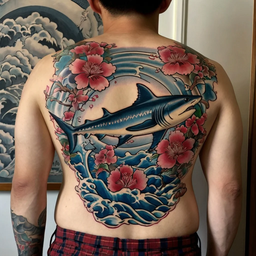 Back tattoo of a shark swimming amidst ocean waves, surrounded by vibrant pink flowers, blending traditional and modern styles.