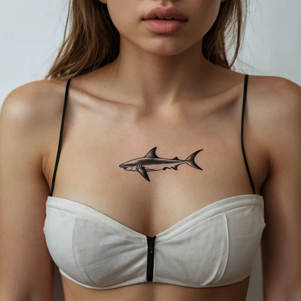 Minimalist shark tattoo on the upper chest, featuring clean lines and subtle shading for a sleek, dynamic look.