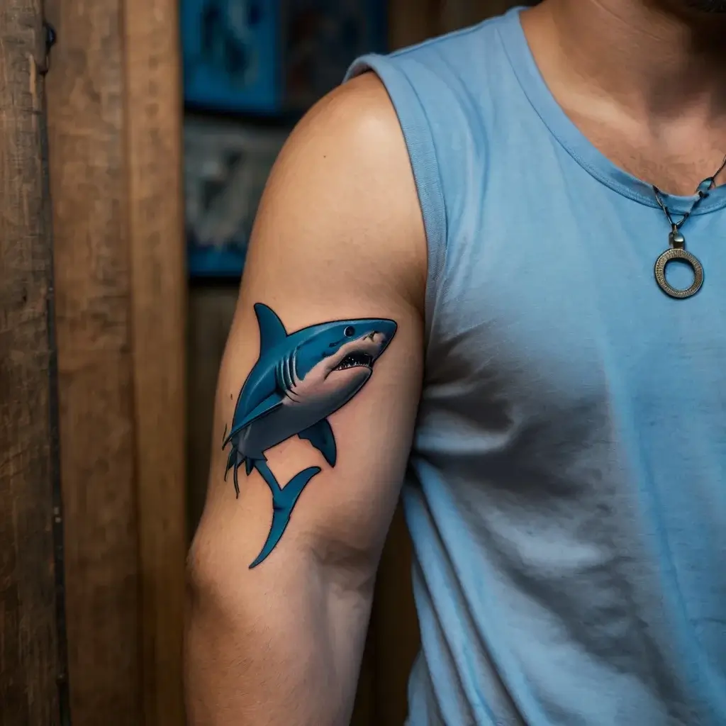 Tattoo of a vibrant blue shark on an upper arm, showcasing fluid motion and sharp detail for a dynamic marine effect.