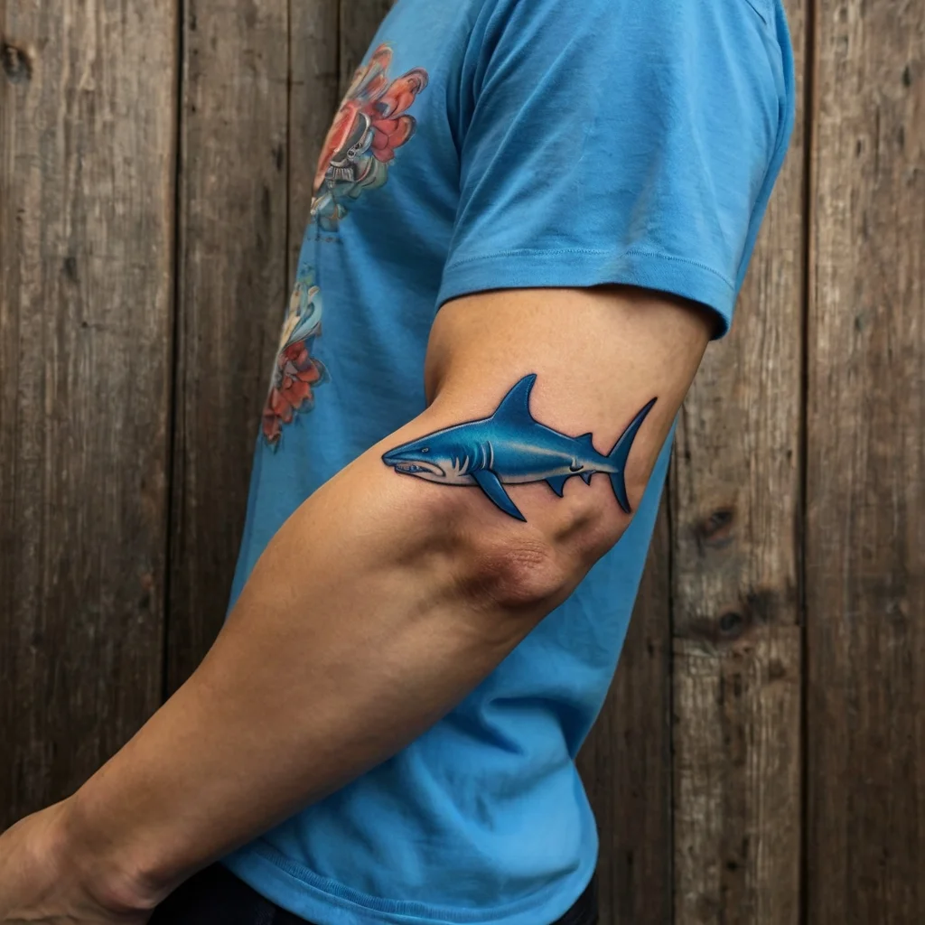 A realistic blue shark tattoo wraps around the elbow, creating an illusion of movement and depth against the skin.