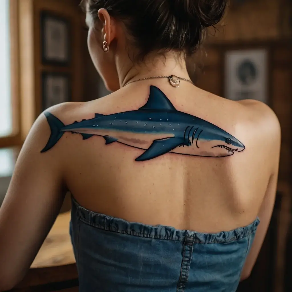 Tattoo of a realistic shark in shades of blue and gray spanning across the upper back, highlighting dynamic aquatic movement.