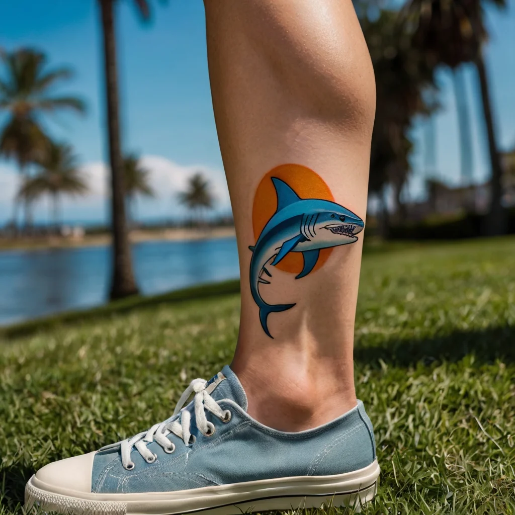 Tattoo of a dynamic blue shark with open jaws against a vibrant orange sun, symbolizing strength and energy.