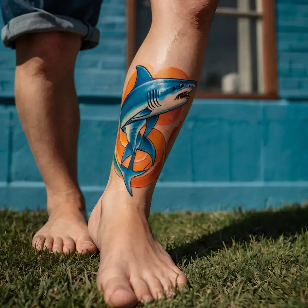 Tattoo of a vibrant blue shark swimming through abstract orange waves on the calf, showcasing bold, dynamic colors.