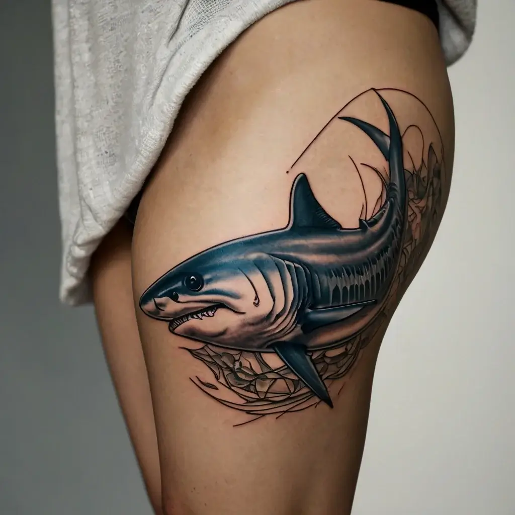 Realistic shark tattoo on thigh, showing dynamic motion through swirling waves and intricate detailing.