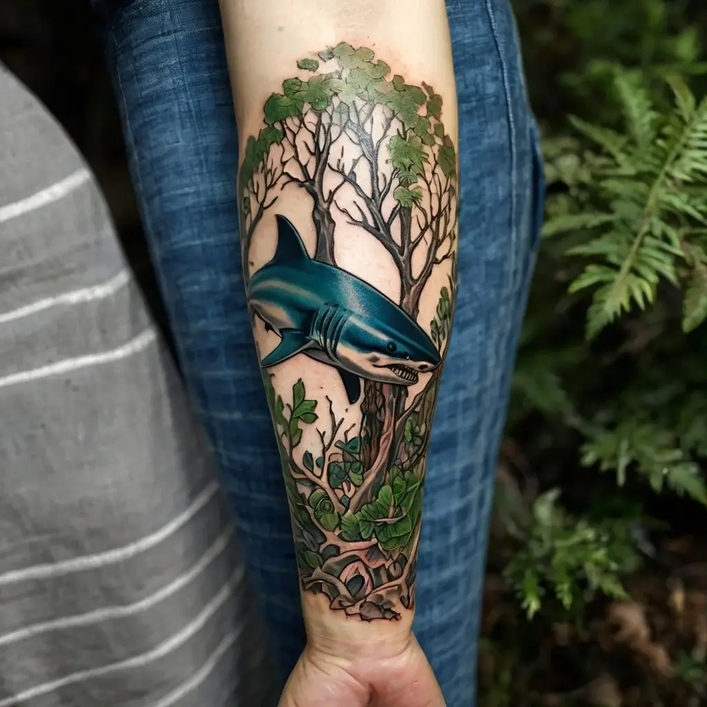 A shark swims through a forest of trees and green leaves, blending sea and land in this unique forearm tattoo design.