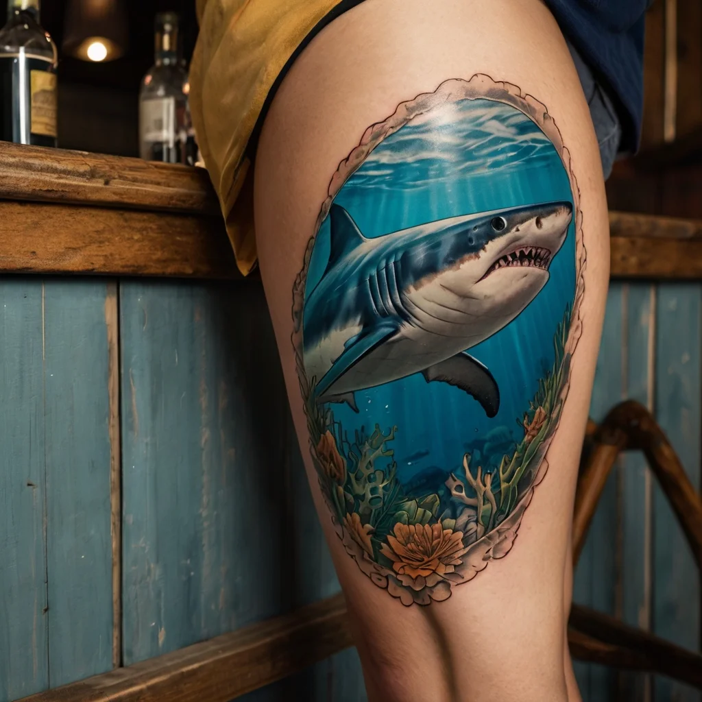 Tattoo of a shark swimming through vibrant coral, encased in an oval frame, depicting an underwater scene on thigh.