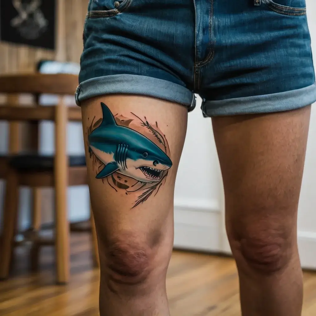 Tattoo of a realistic blue shark breaking through skin, with dynamic lines and a hint of water splashes on a person's thigh.