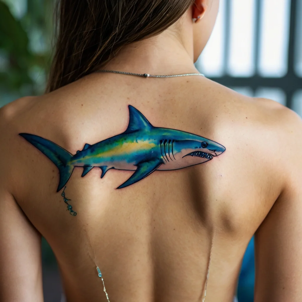 A vibrant watercolor-style shark tattoo with blue and green hues spans the upper back, showcasing dynamic movement.