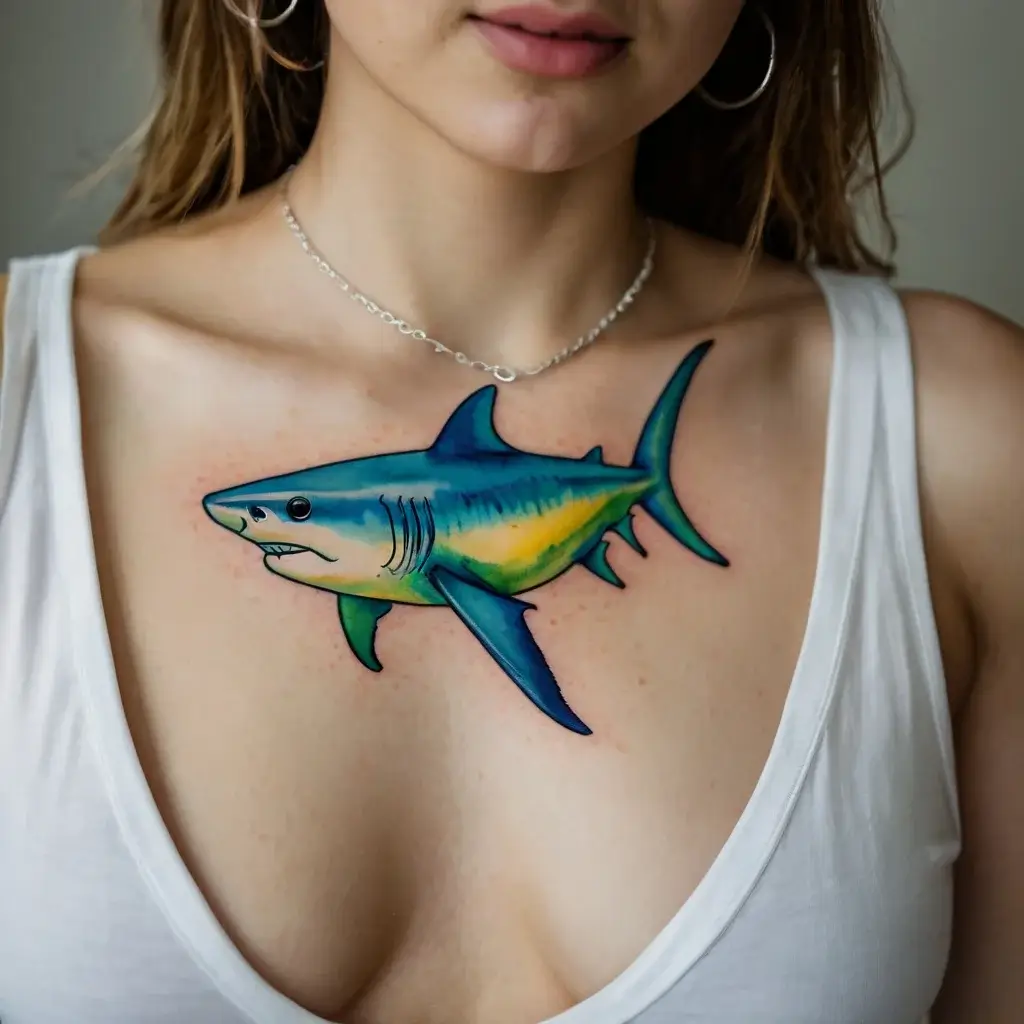 Colorful shark tattoo on chest, featuring vibrant blue and yellow hues, with bold outlines and dynamic shading.