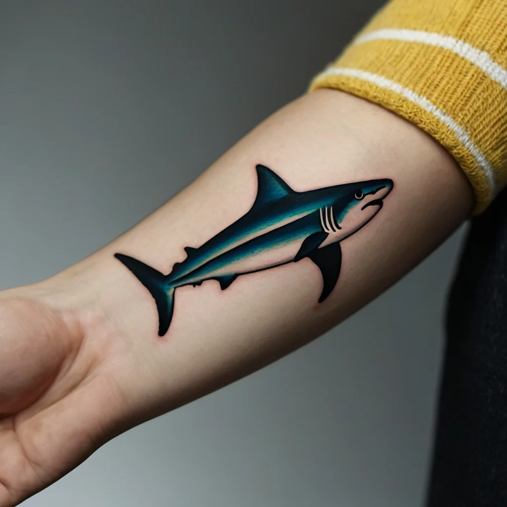 Tattoo of a realistic shark in bold colors on the forearm, featuring gradient blues and clean lines for a striking look.