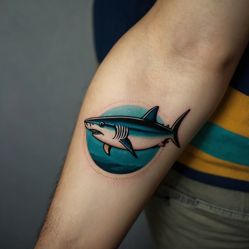 Colorful shark tattoo in a circular ocean backdrop, showcasing bold black outlines and vibrant shades of blue and teal.