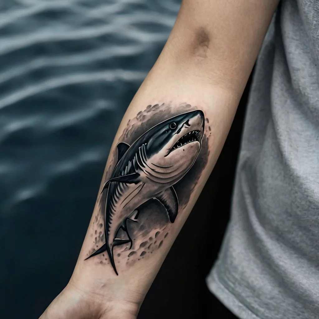 Realistic shark tattoo on forearm, featuring fine shading and dynamic movement, surrounded by subtle water texture.