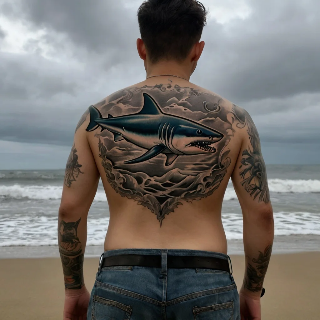 A detailed back tattoo of a menacing shark in turbulent waters, framed by ornate patterns, symbolizing strength and resilience.