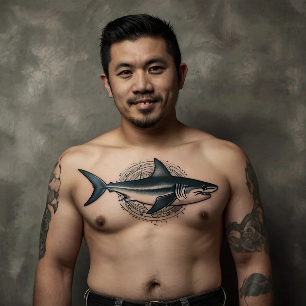 A realistic shark tattoo spans the chest, encircled by a nautical compass design in a mix of dark blues and grays.