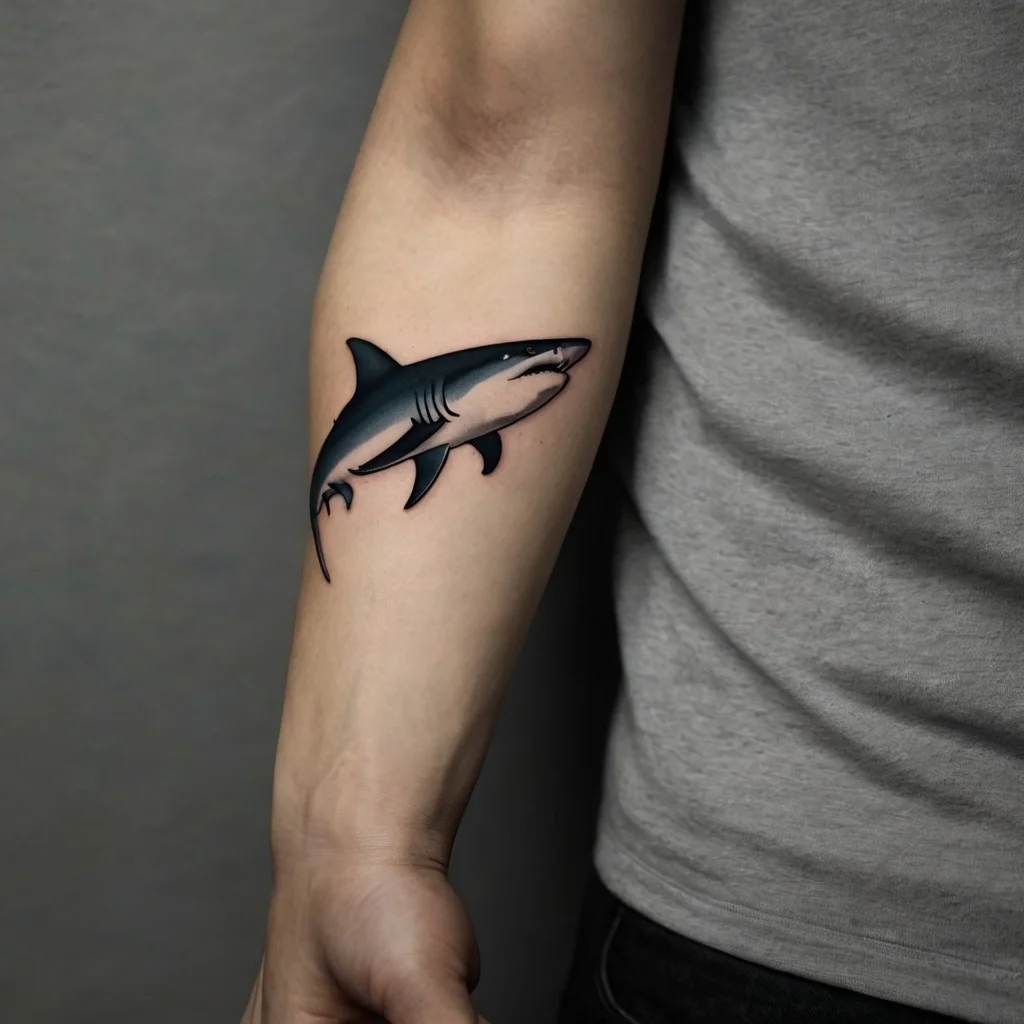 Tattoo of a sleek shark design on the forearm, featuring bold lines and shading for a dynamic, realistic effect.