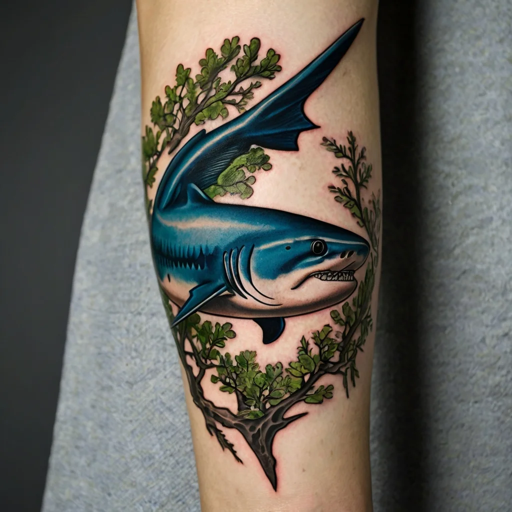 Blue shark tattoo entwined with green seaweed, showcasing bold colors and dynamic movement on the forearm.