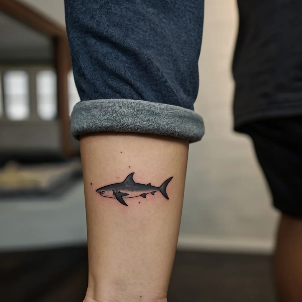 Minimalist shark tattoo in grayscale on forearm, featuring clean lines and subtle shadowing, symbolizing strength and agility.