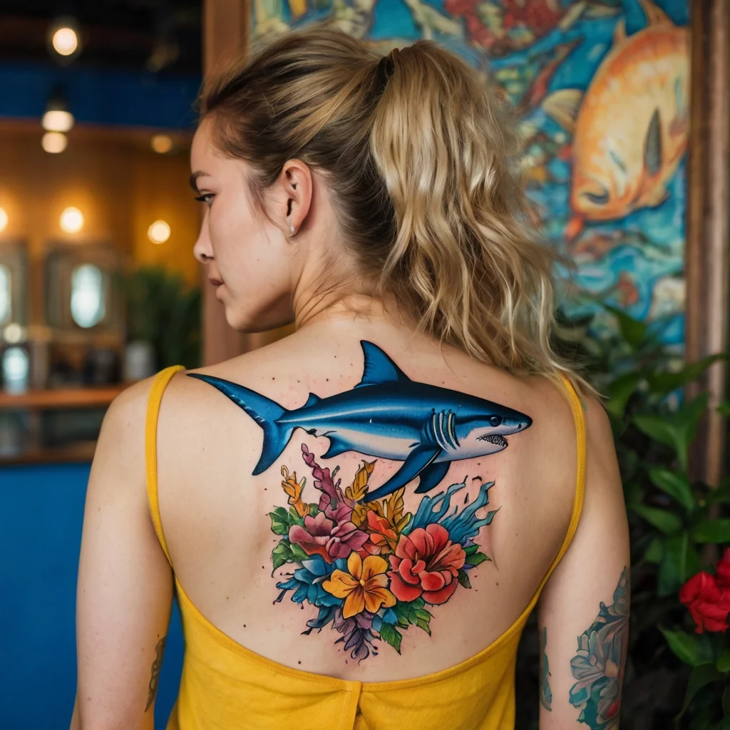 A vibrant tattoo of a shark swimming above colorful hibiscus flowers with coral accents, set on the upper back.