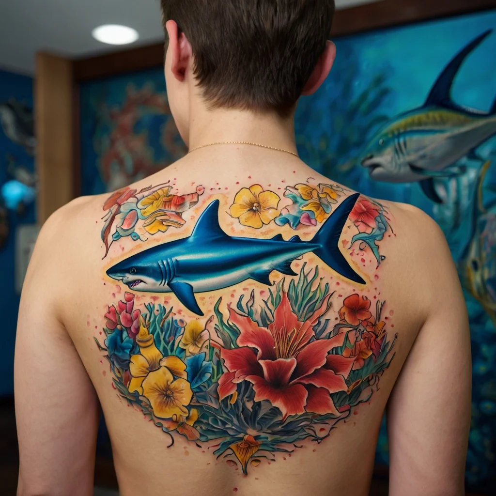 Colorful back tattoo featuring a blue shark surrounded by vibrant tropical flowers and coral, blending oceanic life.