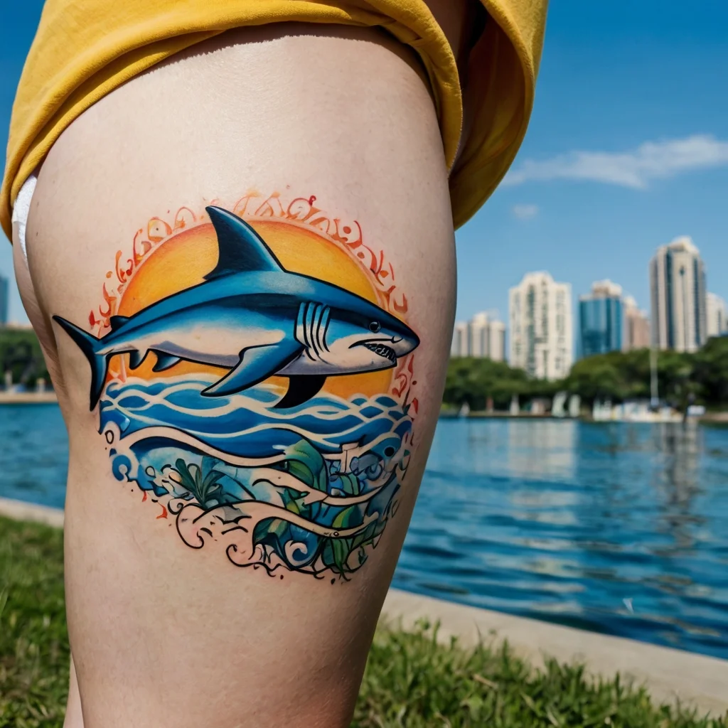 Vibrant tattoo of a shark swimming under an orange sunset, surrounded by blue waves and green seaweed for contrast.