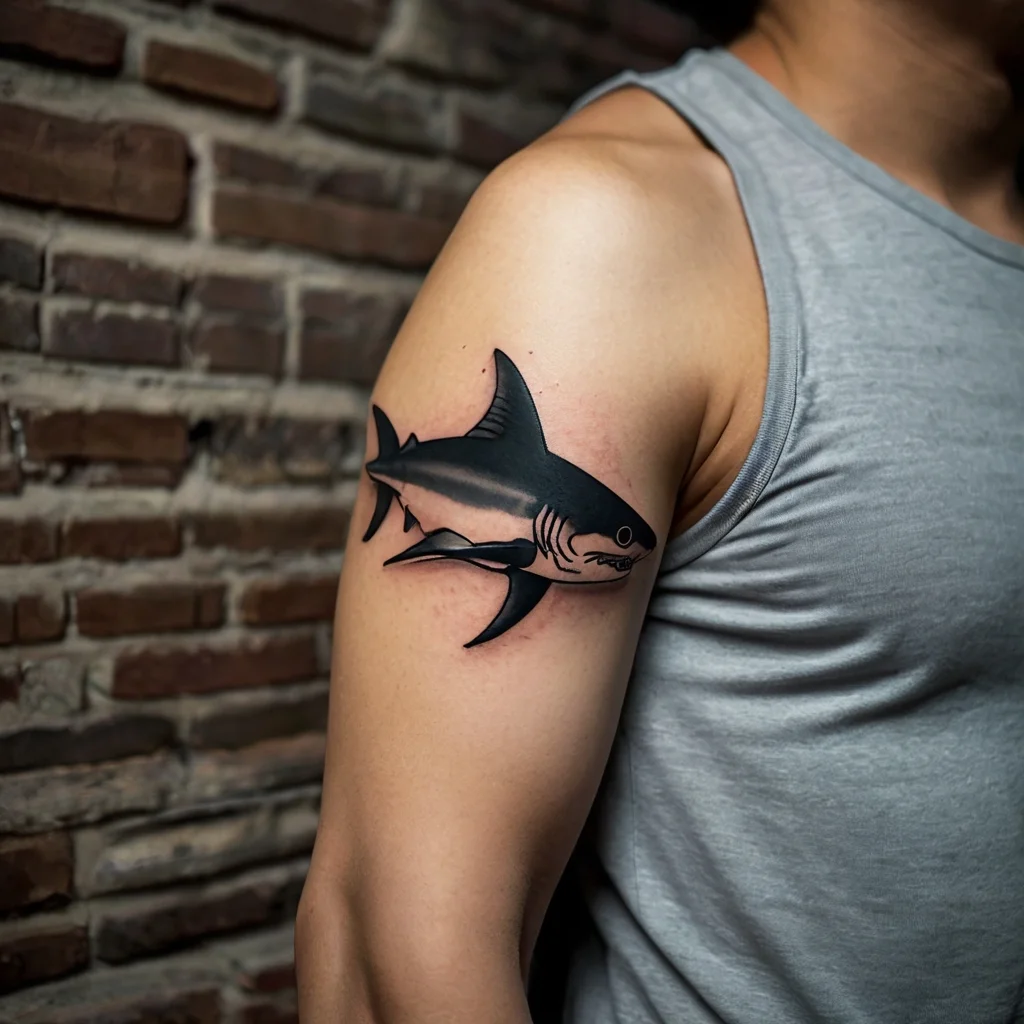 Bold black shark tattoo on the upper arm, featuring clean lines and a dynamic swimming pose against a brick wall backdrop.