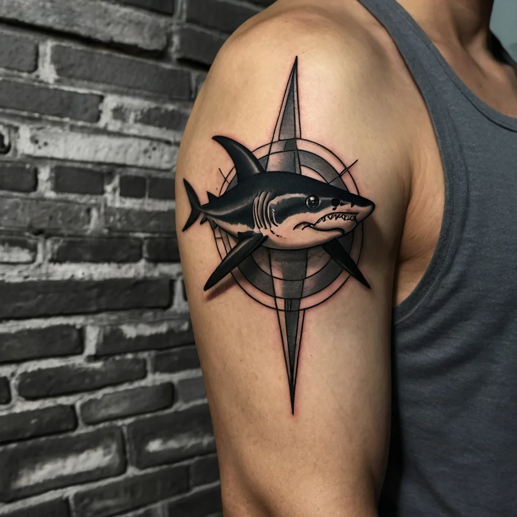 Tattoo of a realistic shark superimposed on a compass, symbolizing guidance, strength, and adaptability.