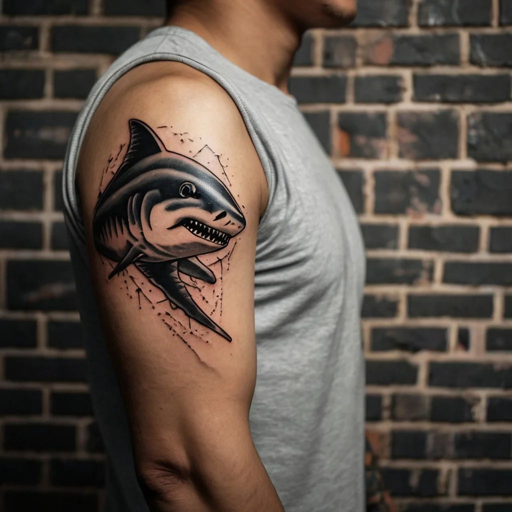 Tattoo of a fierce shark on the upper arm, detailed with geometric lines and shading, creating a dynamic, modern look.