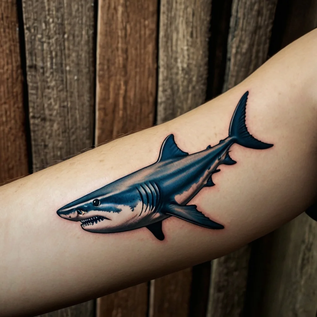 Tattoo of a realistic blue shark on the arm, showcasing bold colors and shadowing for a dynamic 3D effect.