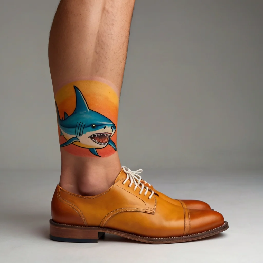 Colorful shark tattoo on calf, features a blue shark with a bold orange sunset backdrop, conveying dynamic movement.