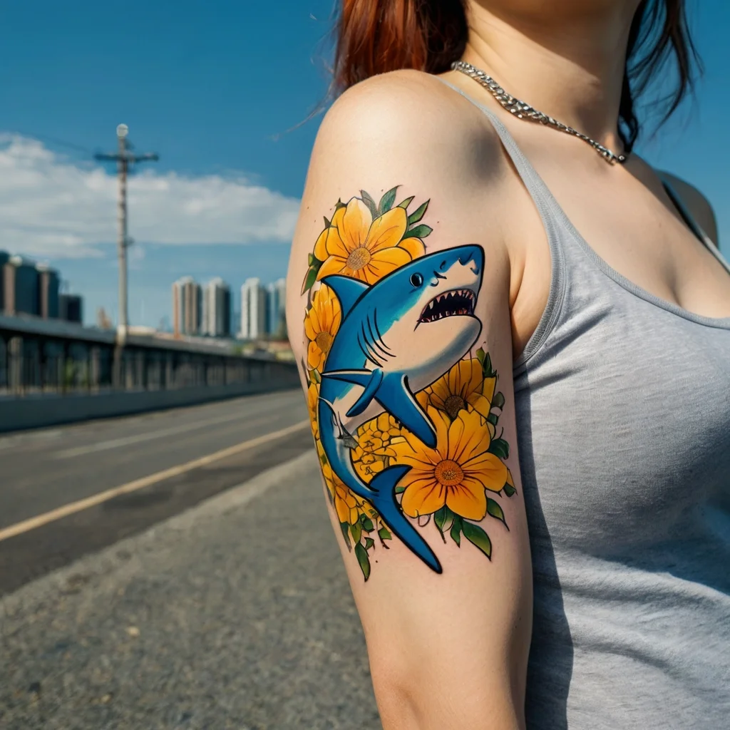 A vibrant tattoo of a blue shark surrounded by large yellow flowers with green leaves on an upper arm.