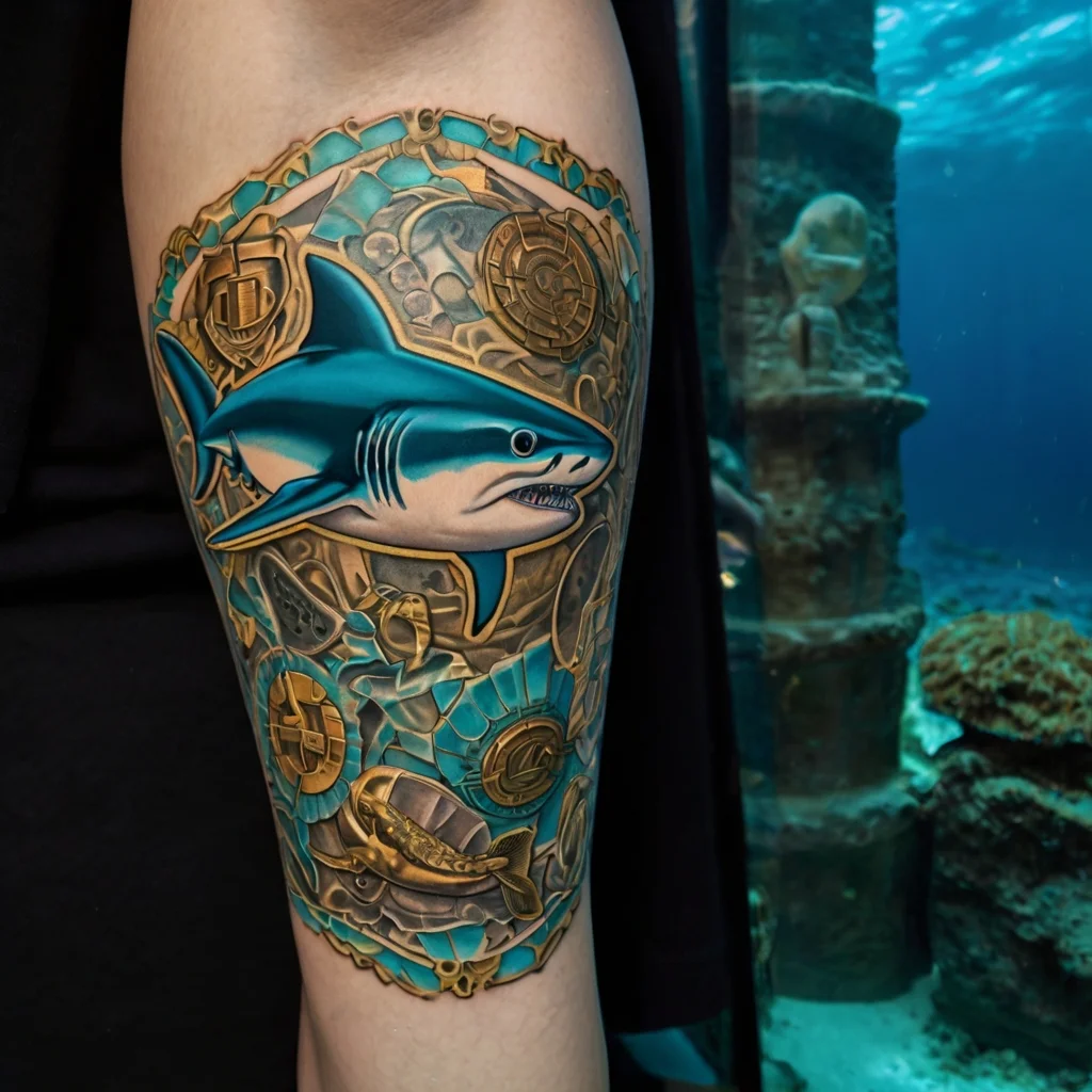 Detailed tattoo of a shark swimming amidst golden coins and treasure on a blue mosaic background.