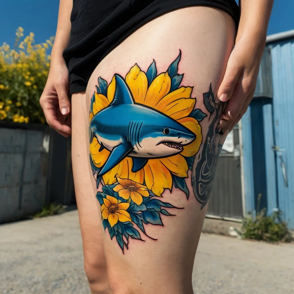 Vibrant tattoo of a blue shark swimming through bold yellow flowers on the thigh, with contrasting blue leaves.