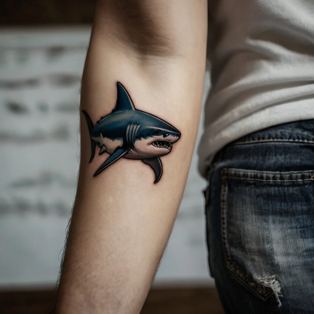 A vibrant shark tattoo on the inner arm, featuring bold lines, dynamic shading, and a fierce expression for impact.