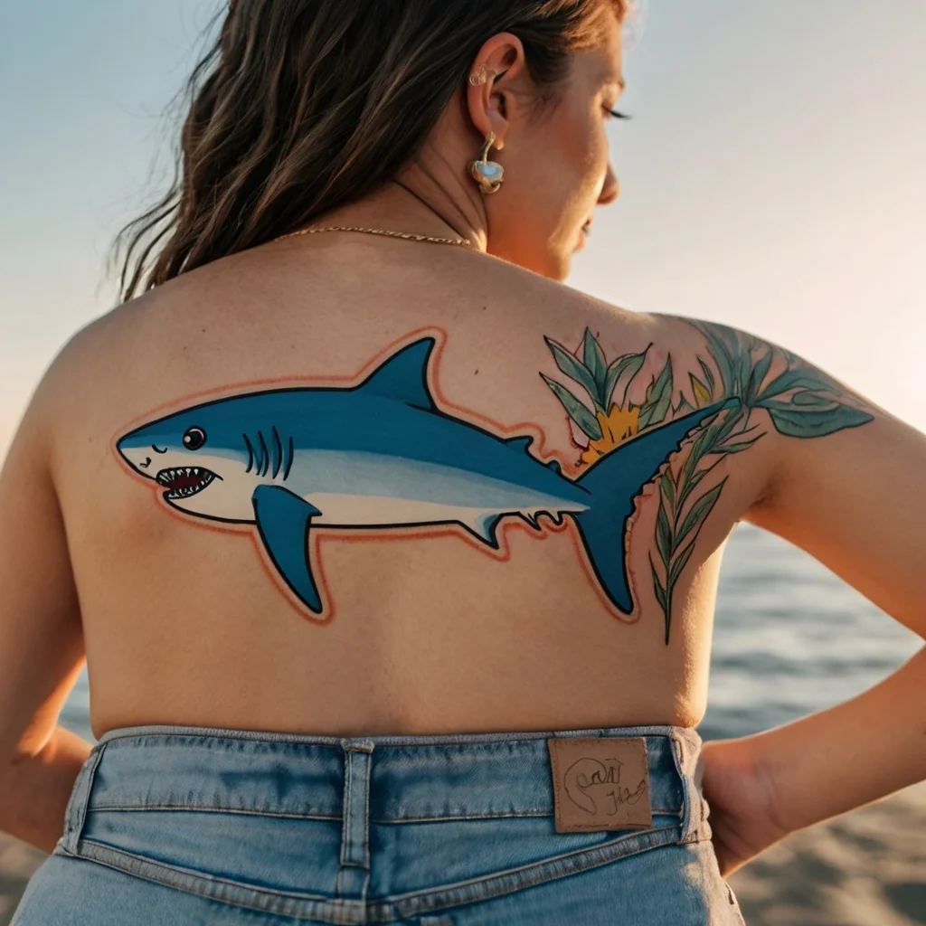 Vibrant shark tattoo on upper back, surrounded by tropical flowers and leaves with a bold, colorful design.