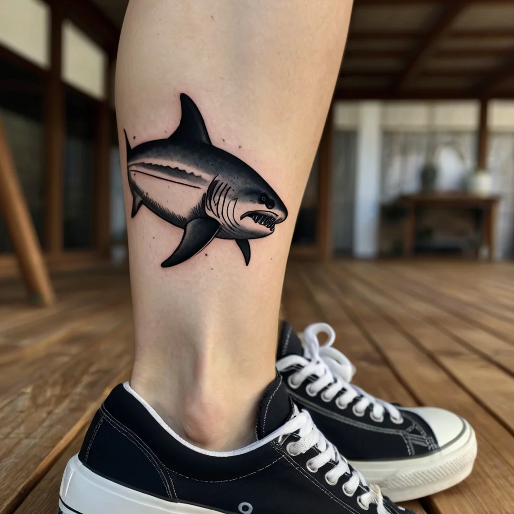 Black and gray shark tattoo on calf, featuring bold shading and sharp outlines, conveying power and movement.