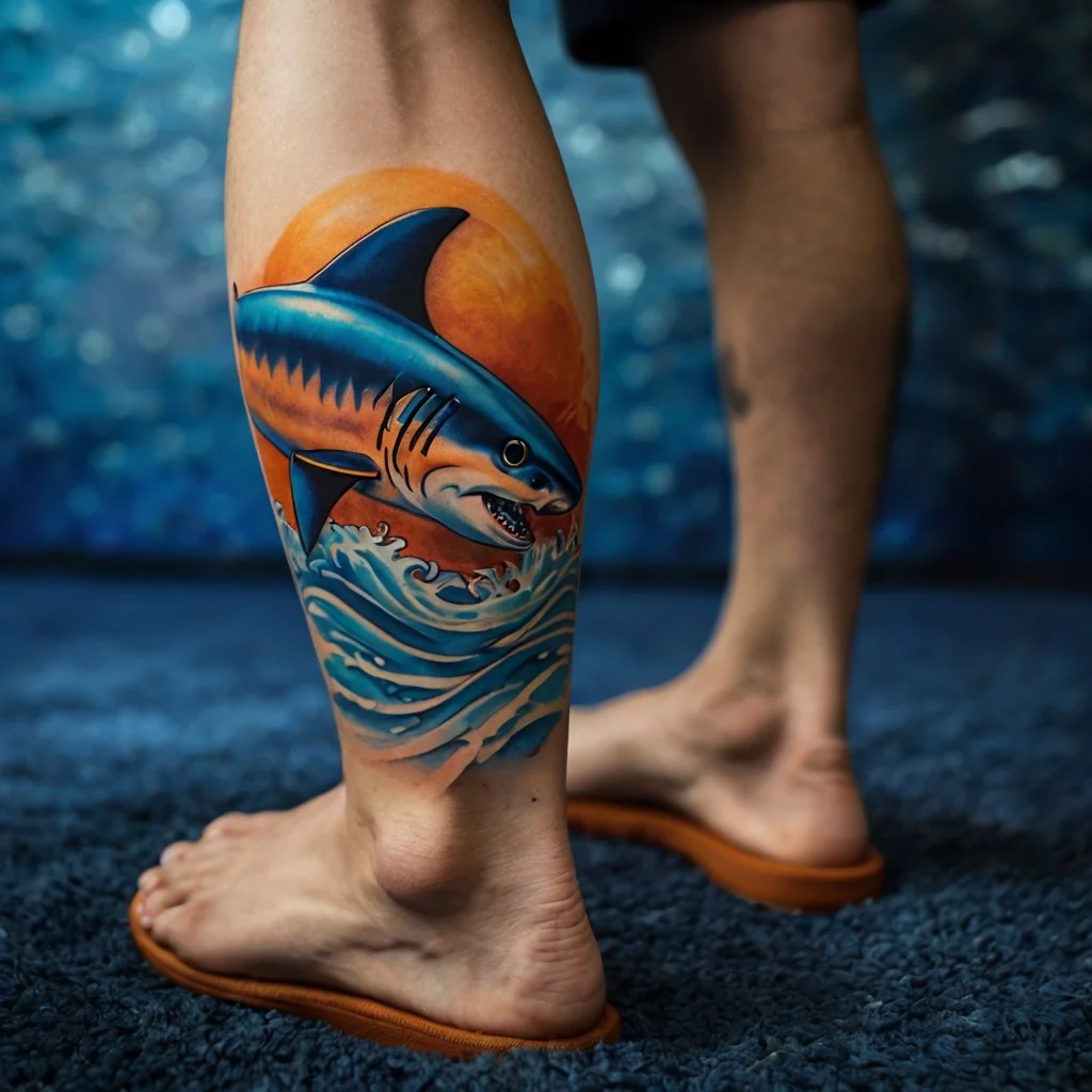 Colorful shark tattoo on calf; swimming through dynamic waves against a vibrant orange sunset background.