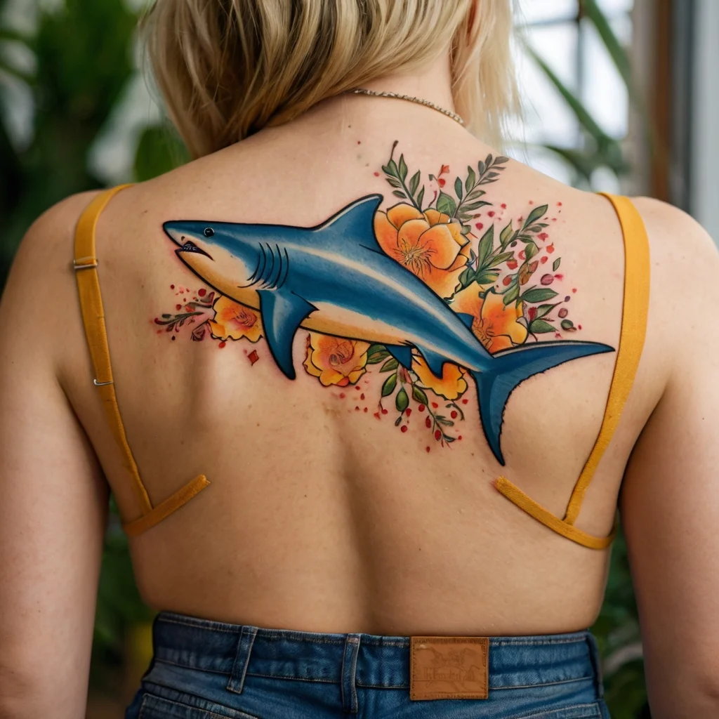 Vibrant shark tattoo surrounded by orange flowers and green foliage on upper back, blending nature with marine life.