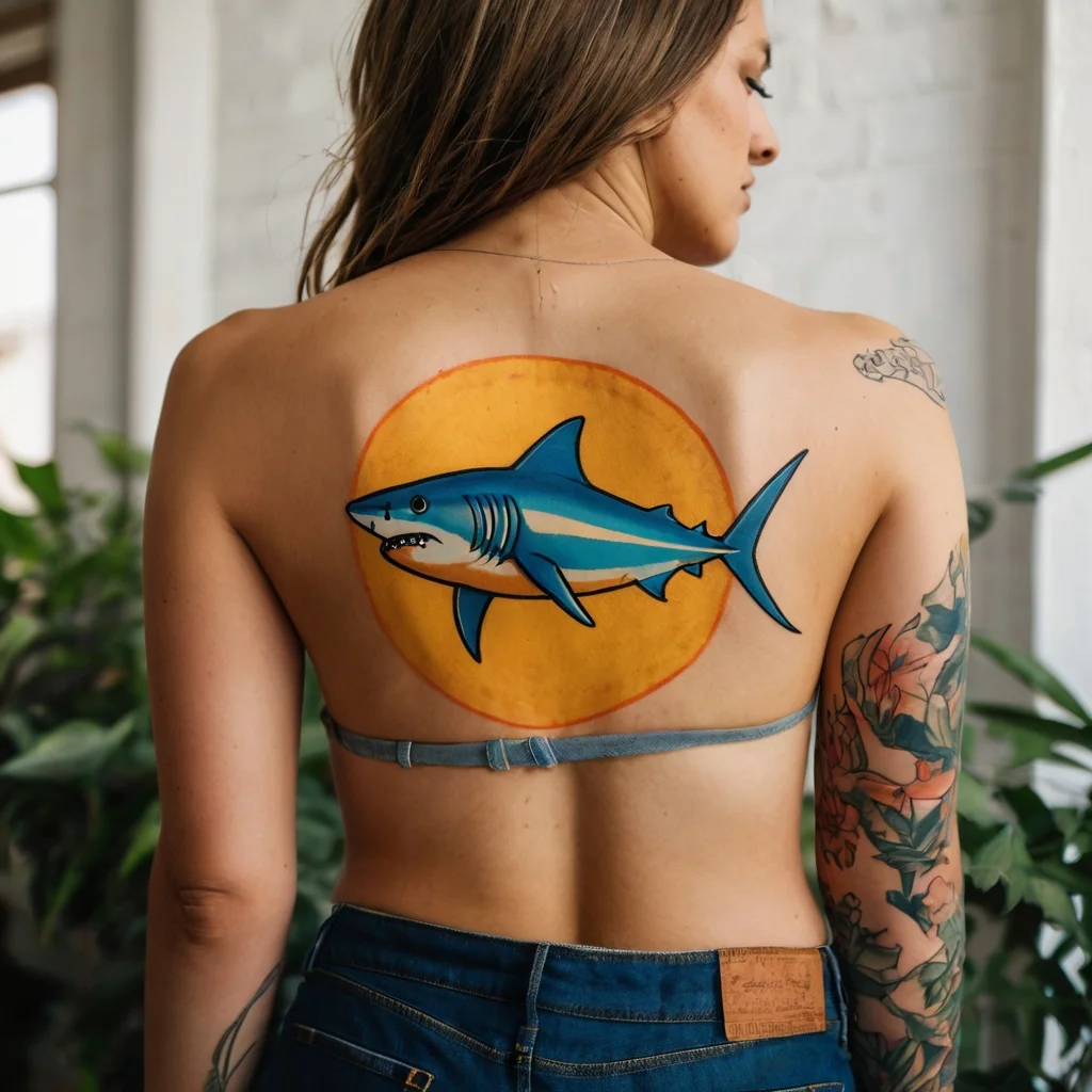 Bold shark tattoo on back, set in a vibrant orange circle, contrasting with arm's floral ink.