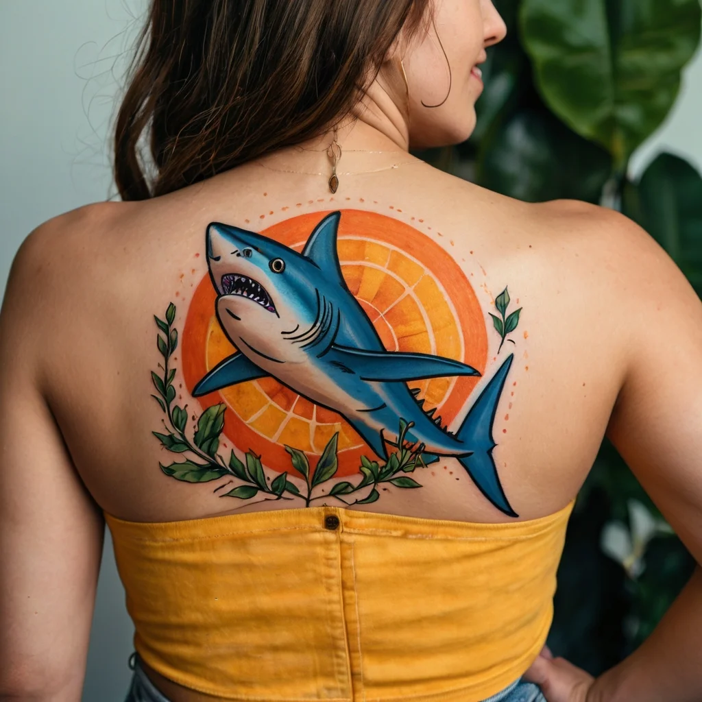 Tattoo of a blue shark leaping over a vivid orange circle with leafy vines on a woman's back, symbolizing strength.