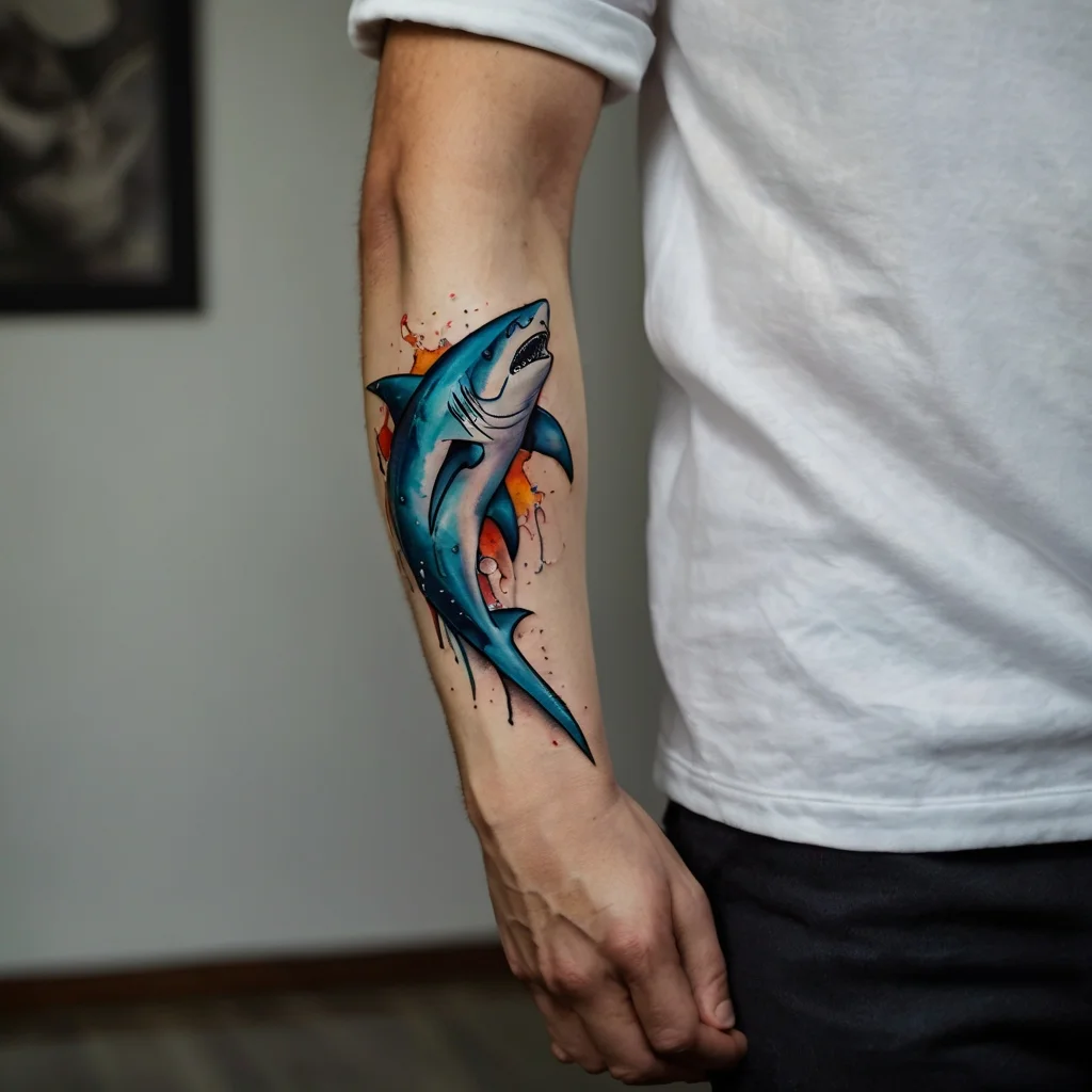 Colorful shark tattoo on forearm with watercolor splash effect in blue, orange, and black, conveying dynamic motion.