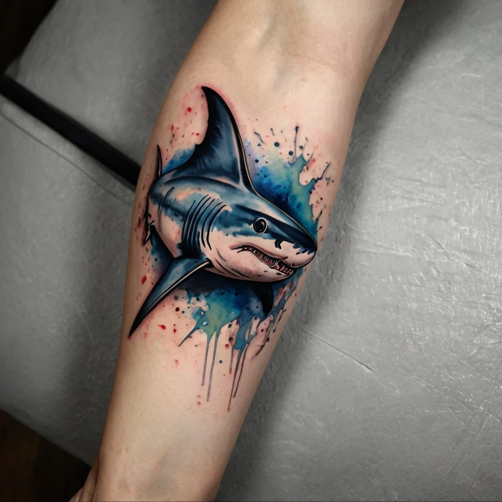 Tattoo of a realistic shark with blue watercolor splashes, detailed shading, and dynamic movement on the forearm.