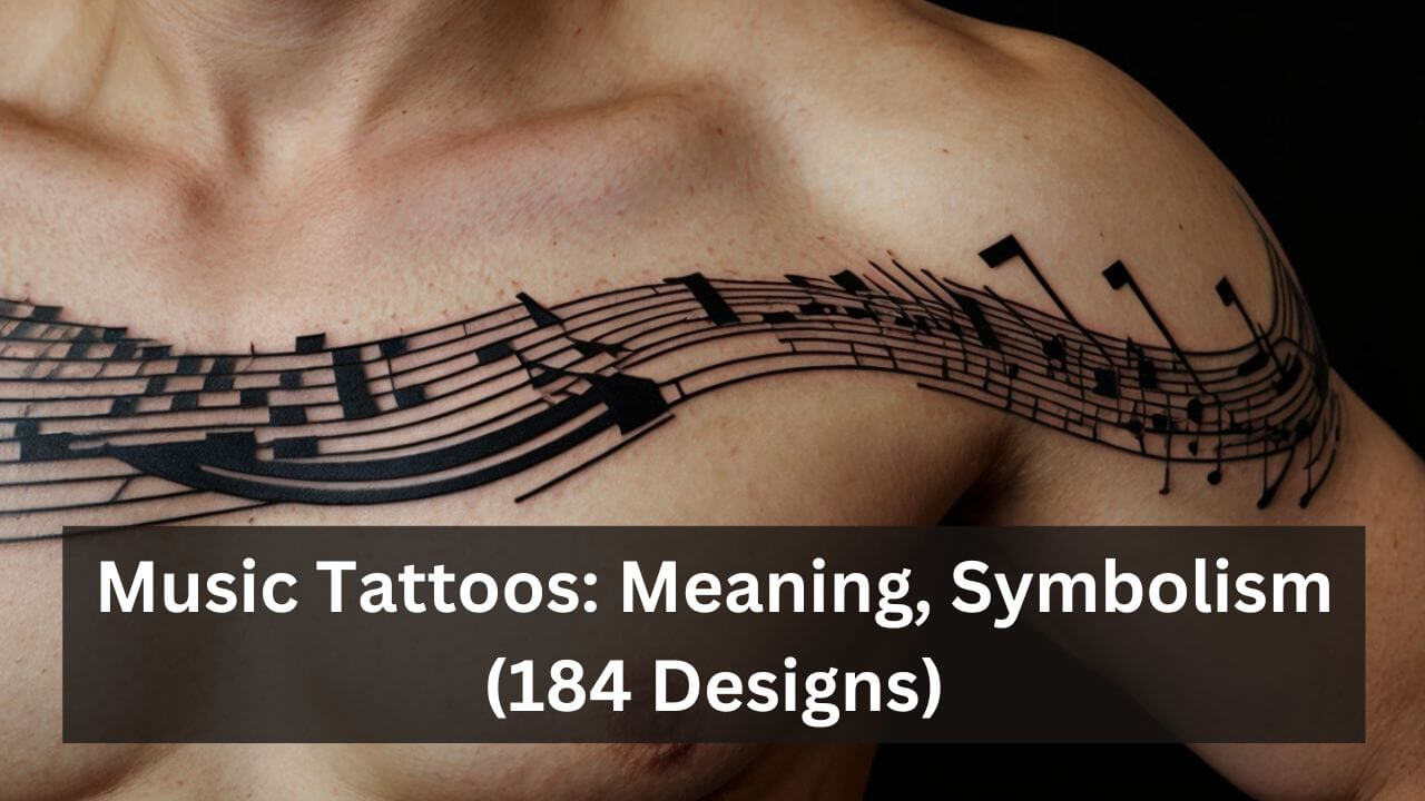 Tattoo of swirling musical notes and a staff wraps around the shoulder, symbolizing love for music and creativity.