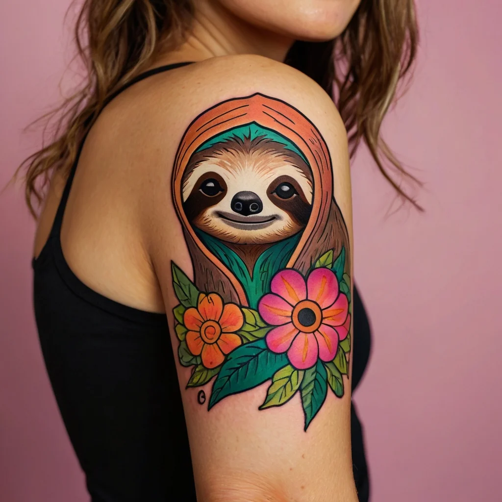 Colorful sloth tattoo with vibrant flowers and leaves on the upper arm, blending nature and whimsy in playful hues.