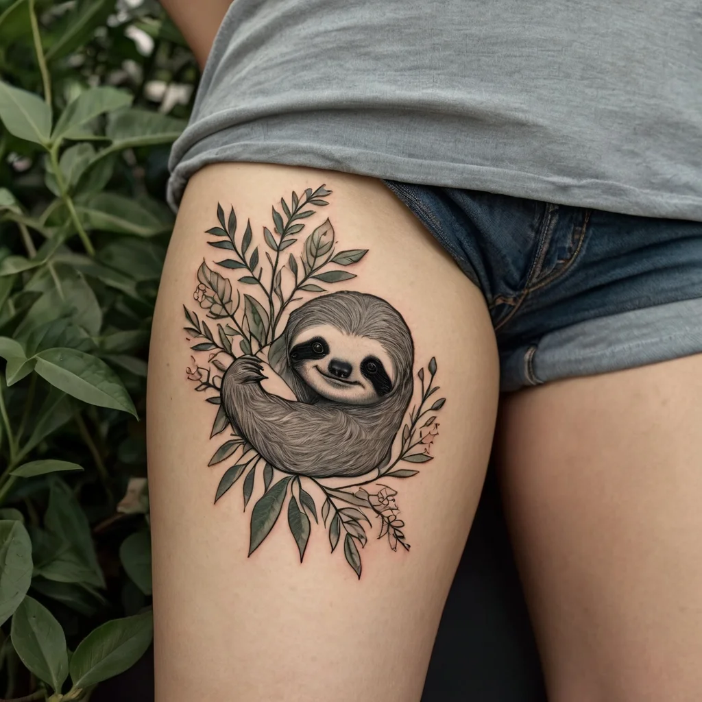 Tattoo of a cute sloth hugging branches with detailed leaves and flowers on the thigh, symbolizing relaxation and nature.